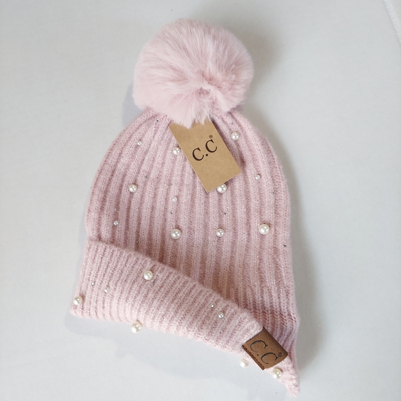 Accessories Beanie Hat Womens Pearl Knit Hat Pink Winter Hat New Faux